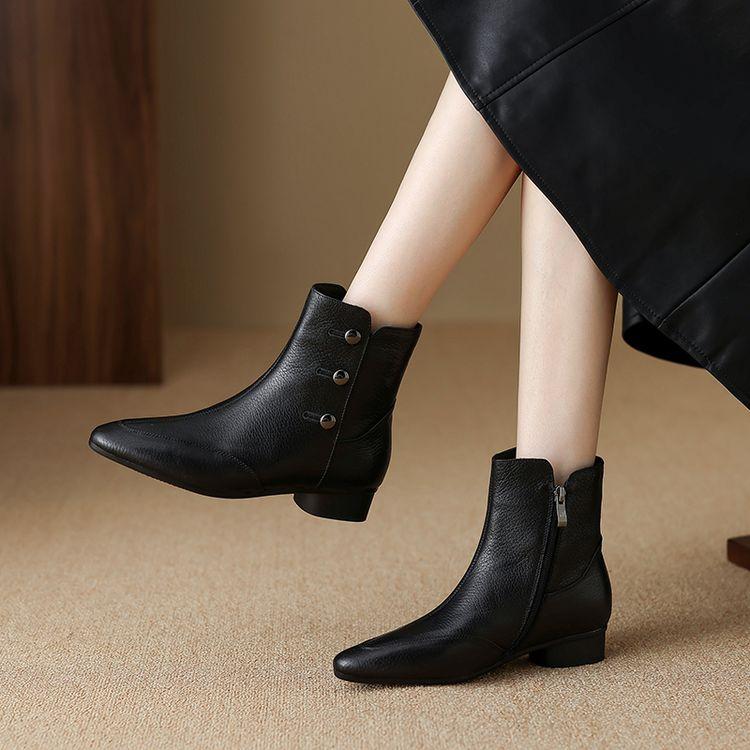 Fashion NEW Autumn/Winter Women Boots Pointed Toe Chunky Heel Shoes Genuine Leather Shoes for Women Zipper Ankle Boots Soft Modern Boots