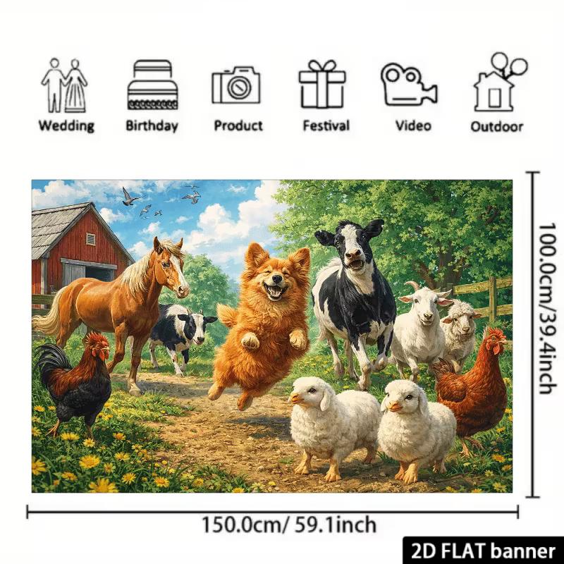 2D Farm Animal Background Banner, Happy Barnyard Animals & Barn Backdrop for Kids Photoshoot