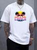 Fashion Unisexs White Basic Tee Vibrant Sunset Palm Silhouette Miami Water Mirror Text Florida Coastal Holiday Casual Short Shirts