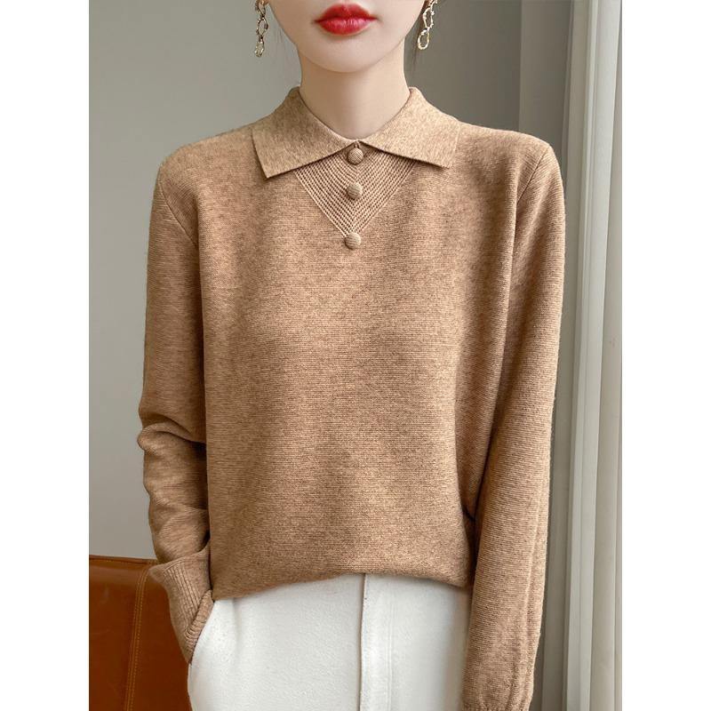 

Age-reducing lapel-neck knitted sweater women s long-sleeved loose early autumn bottoming shirt top button-embellished PO collar inner sweater M
