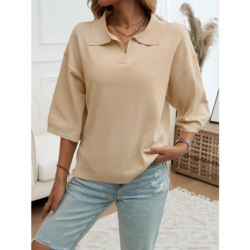 Women Solid Color Lapel Solid Color Half Sleeve Loose Sweater