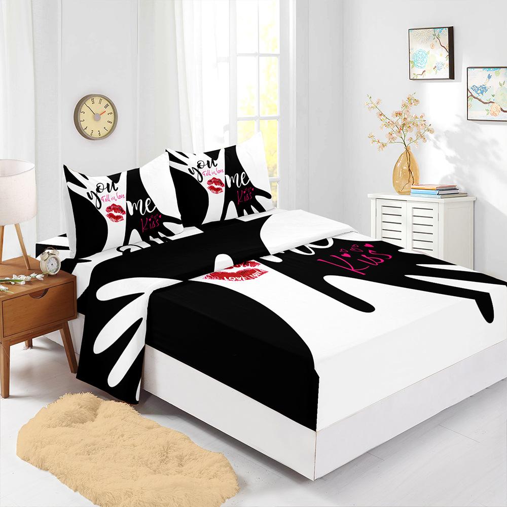 Four-Piece Mattress Digital Printing Mattress Protective Cover Bedding Black And White Letters