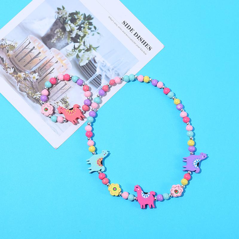 2pcs/Set Fashion Natural Wood Beads Jewelry Cute Animal Pattern Necklace Bracelet For Children Party Jewelry Girl Birthday Gift