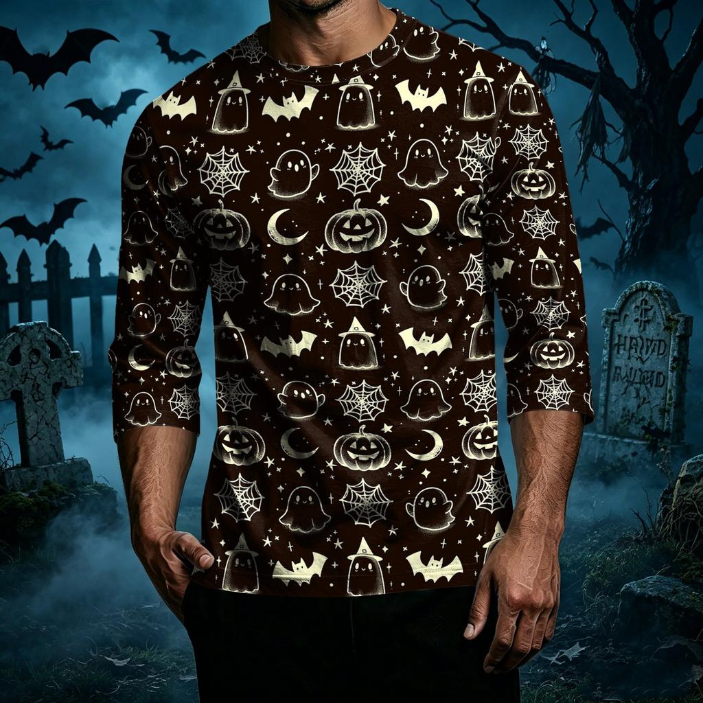 Men Casual Halloween Print Raglan Sleeve T Shirt Crew Neck Three Quarter Sleeve Top Lightweight Comfortable Fit