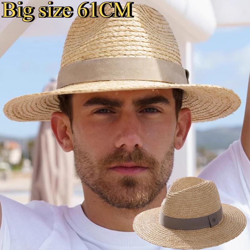 Garden Supplies My Men's High-Quality Raffia Sun Hats Big Size 61Cm Hand Woven Straw Hats Travel Beach Sun Protection Panama Gentleman Fedoras Hats 59-61Cm
