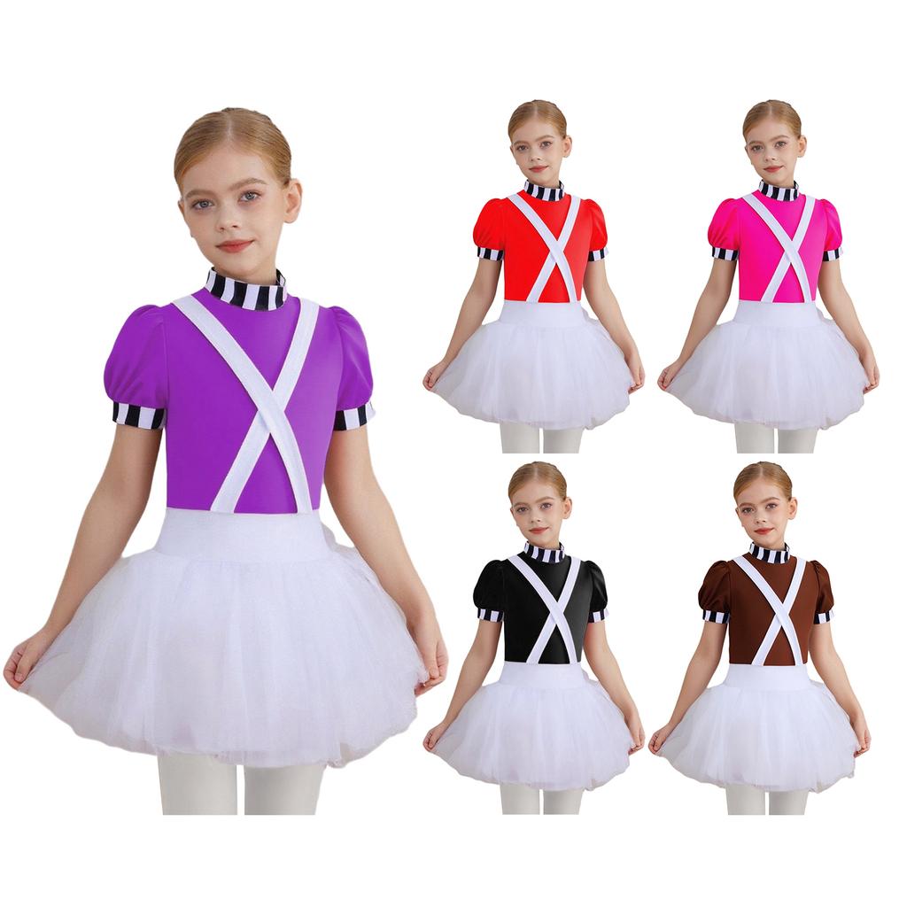 Vestito da Gioco di Ruolo Lavoratrice di Fabbrica per Bambine: Costume gonfiabile a collo alto con maniche corte e polsini a righe, con schiena scoperta, chiusura a bottoni sul cavallo e bretelle integrate per Halloween