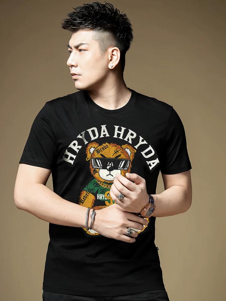 Men s Mercerized Cotton Bear Rhinestone Short-Sleeve T-Shirt 2XL чёрный