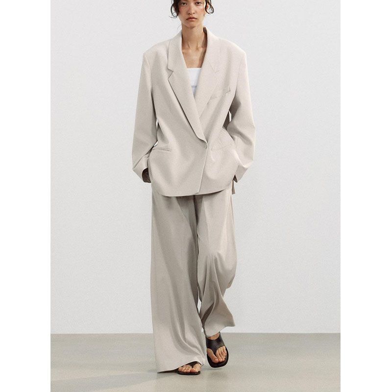 Summer Loose Lapels Long Sleeve Suit Coat 5247776 Mid Waist with Belt Pairs of Pleated Pants 4661405
