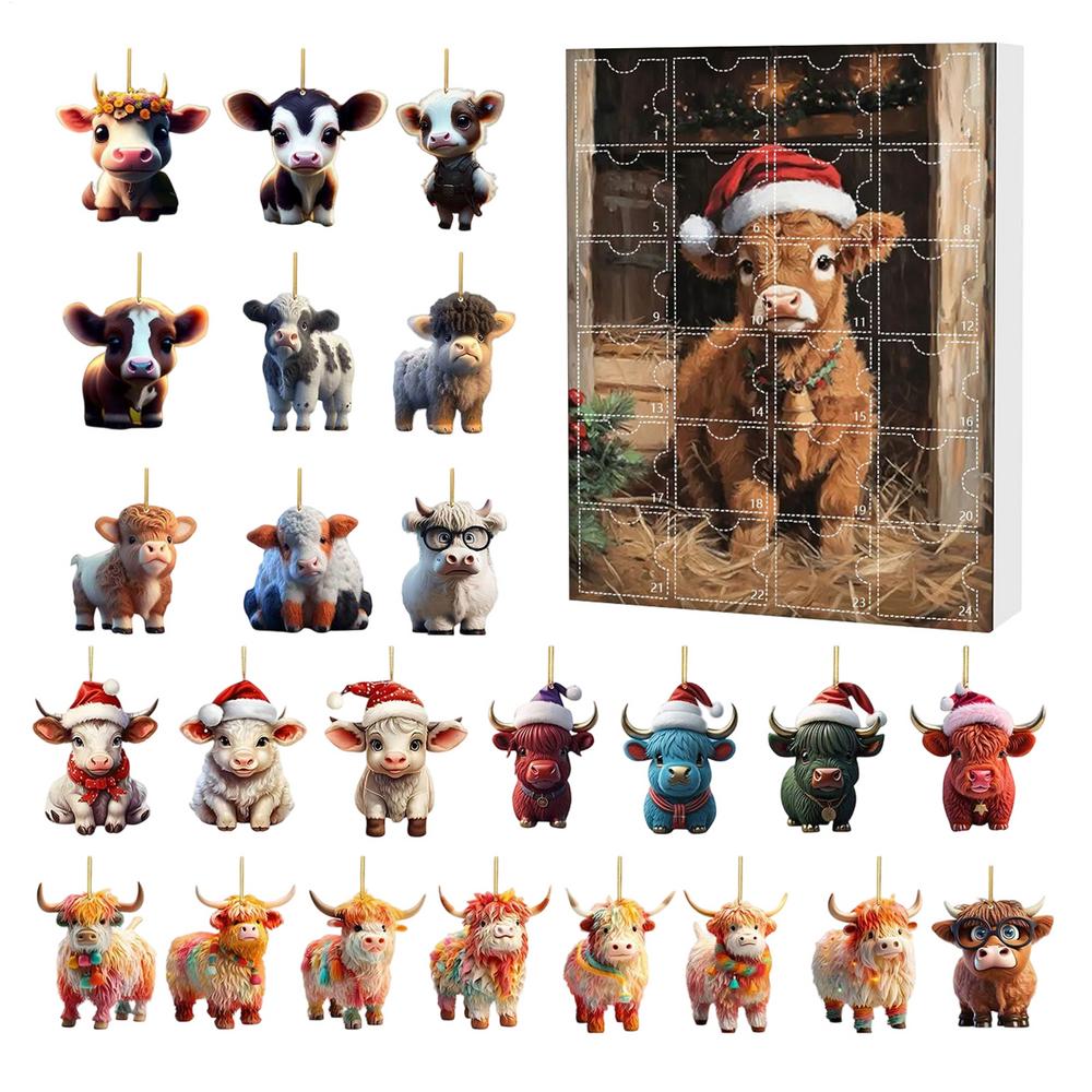 Weihnachts-Adventskalender 24 Tage Highland Cow Ornamente 2D Acryl Niedliches Tier Weihnachtsbaumschmuck Weihnachts-Countdown Geschenke