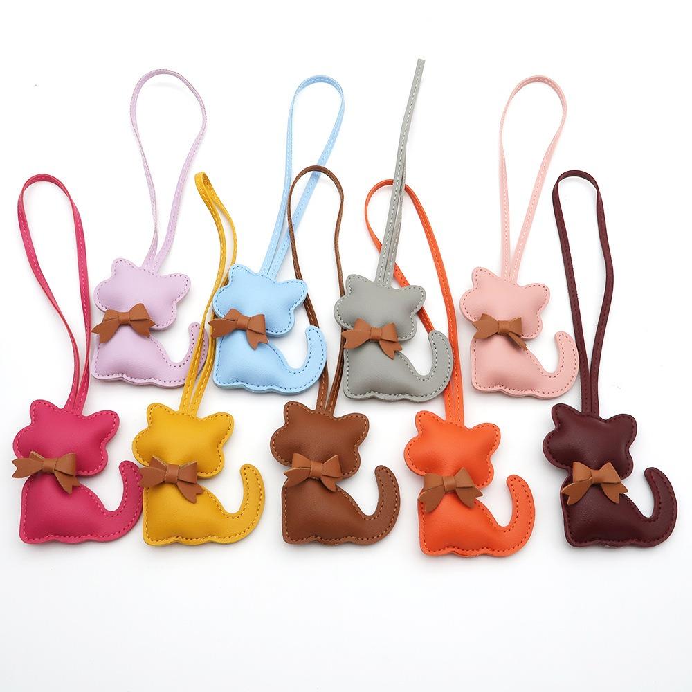 New PU Leather Kitten Bag Charm with Bow Cute Cartoon Animal Cat Pendant for Women's Handbags Small Gift