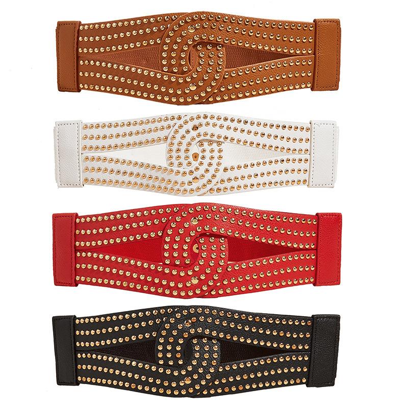 Punk Style Rivet Wide Waist Seal, Dress with Versatile Elastic Elastic Waist Belt for Women