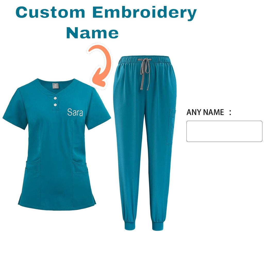 DIY Name Embroidery Customization Women's Uniform Quick-drying Fabric Solid Color V-neck Pocket Short-sleeved Trousers Suit Dry-nurse Work Clothes