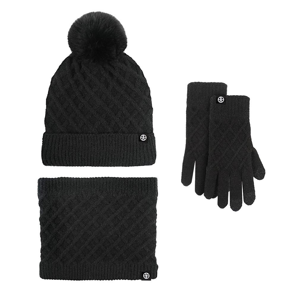 Winter Warm Hat, Scarf, Gloves, Knitted Three-piece Set, Piled Thickened Pattern Hairball Ear Protection Hat, Cold Protection Set