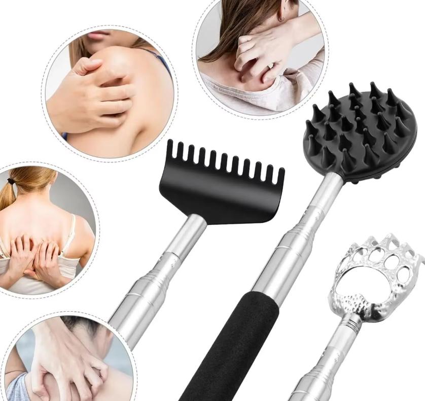 

Itchy Scratch Retractable Back Gripper Double-Sided with 3 Detachable Gripper Heads Metal Claw/Rake for Hard-to-Reach Areas серебряный