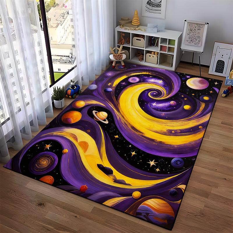 Galaxy-Inspired Rug with Golden Swirls, Planets, and Starry Sky Suitable for use as an anti-slip for living room bedroom sofas