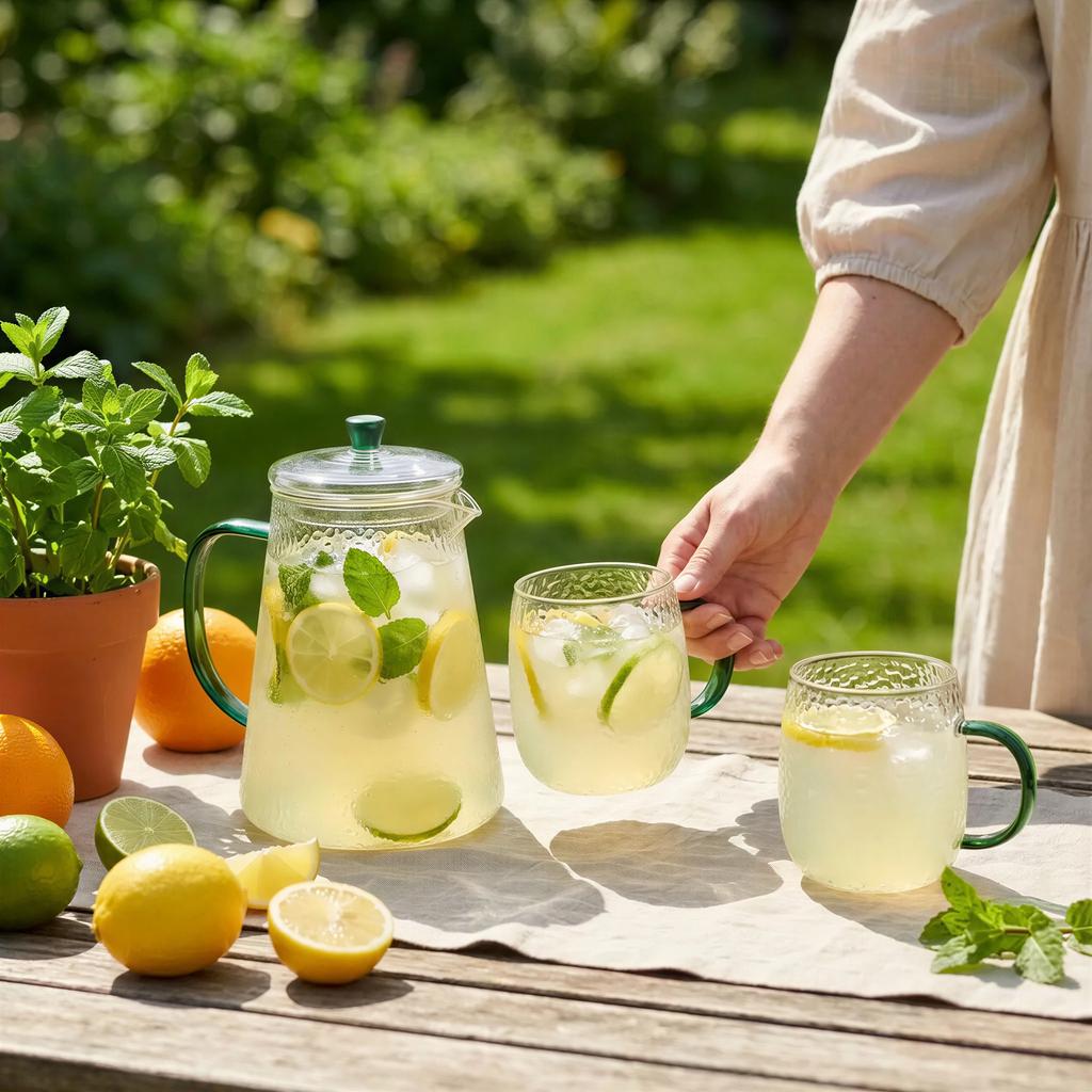 GLASS JUG 1L TEA INFuser with Filter 2 Glasses Transparent