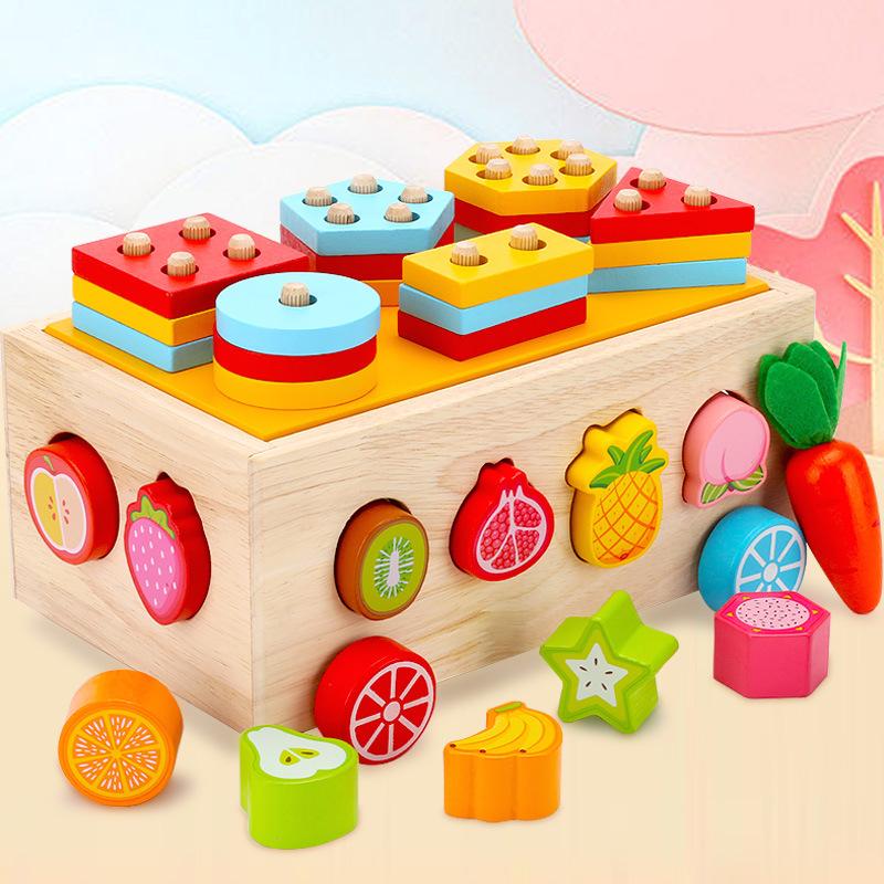 Wood Multi-Functional Children'S Educational Fruit Animal Shape Building Block Pulling Radish Pairing Farm Intelligence Car Toy