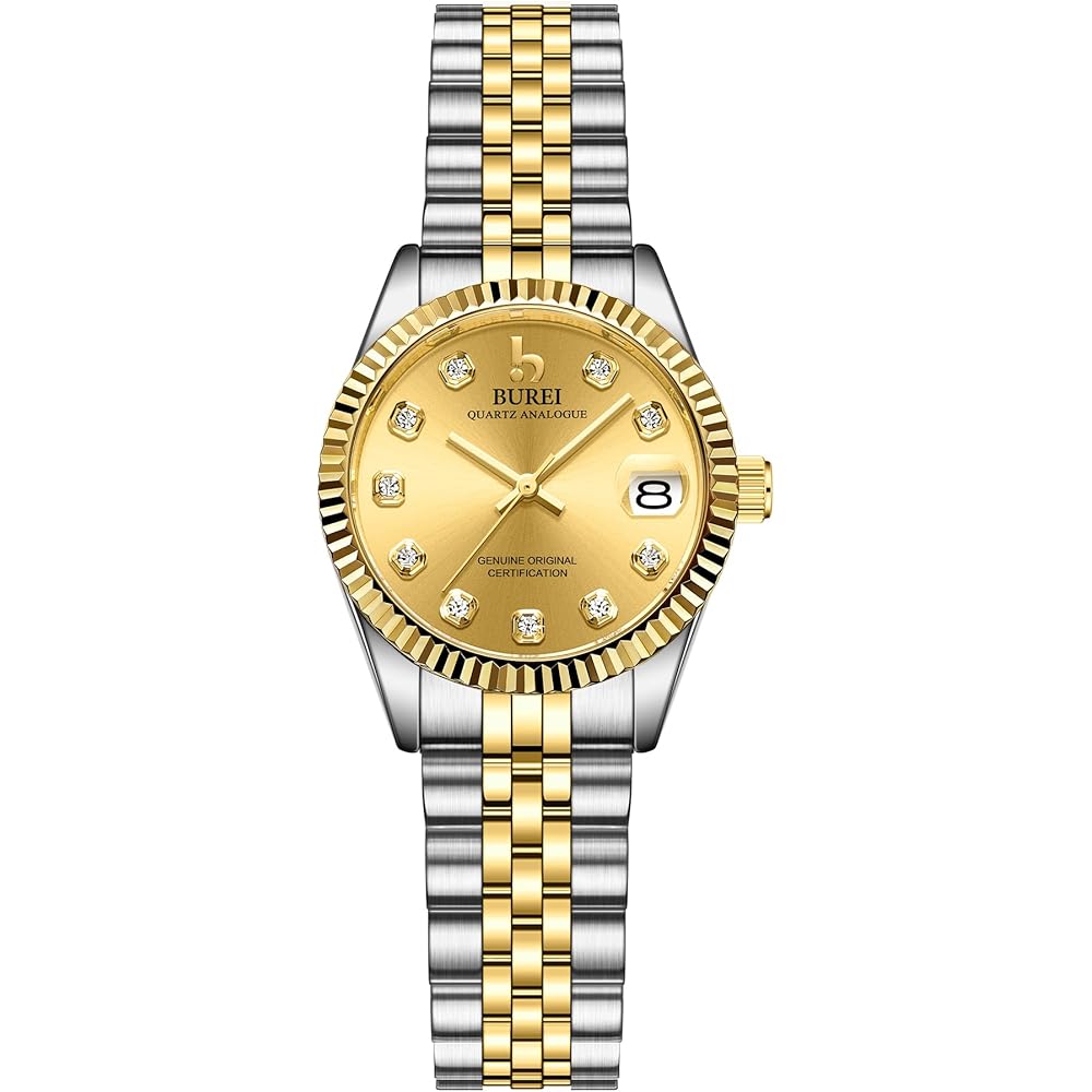 BUREI Women s Analog Quartz Watch Gold Dial Waterproof Stainless Steel Business Style