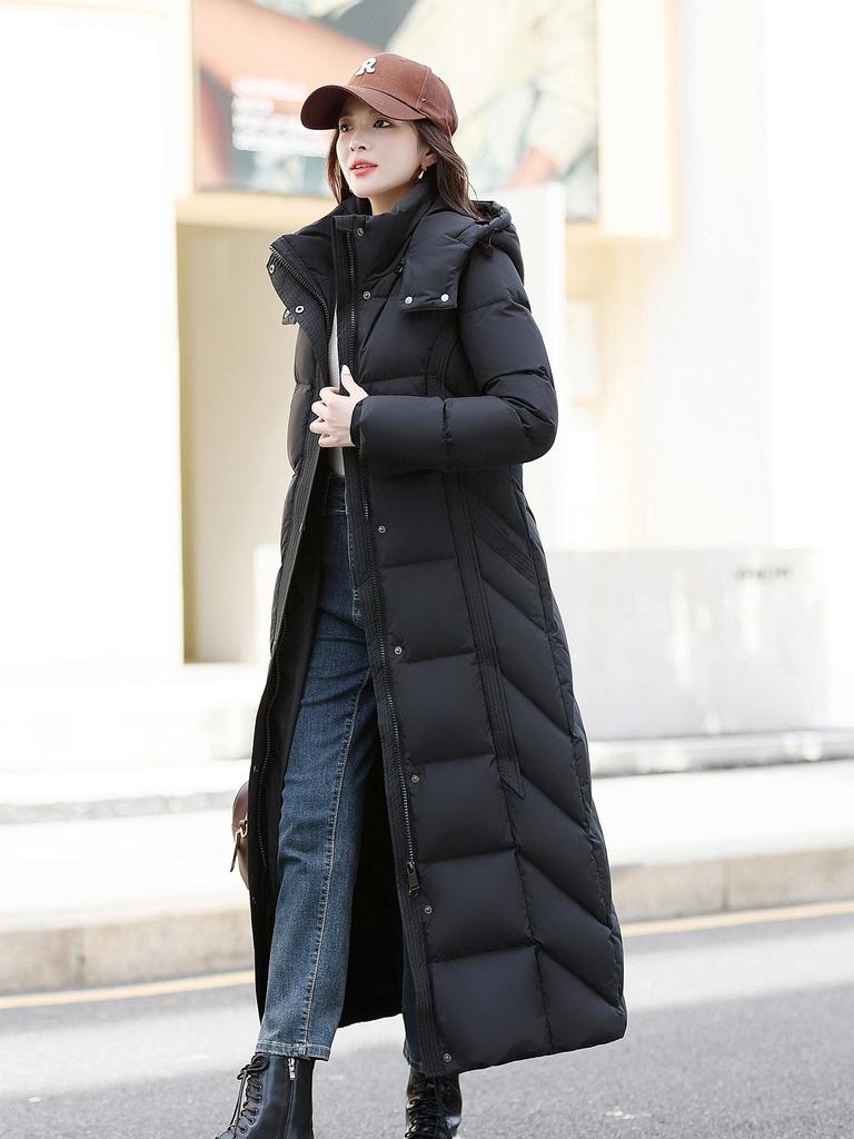 Damski Modny Długi Biały Płaszcz Puchowy z Kaczym Piórem 2025 - Szykowny, Podkreślający talię, Za kolano, Bardzo długi Styl zimowy