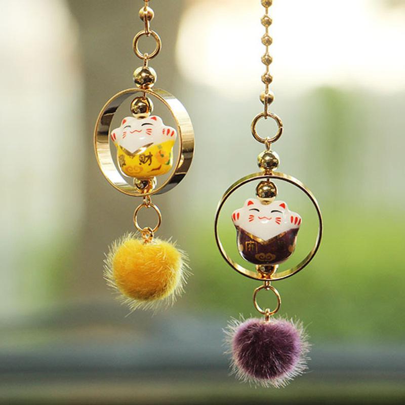 2Pcs Car Pendant Smiling Lucky Cartoon Cat  Decoration Auto Interior Rear view Mirror Fur tassels Hanging Ornament Accessories