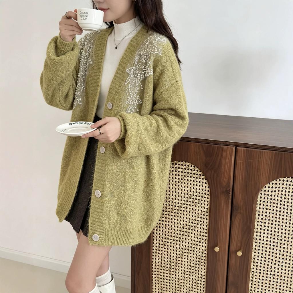 New Heavy Industry Sequins Single-breasted V-neck Lantern Sleeves Large Size Lazy Wind Sweater Cardigan Knitted Top Women