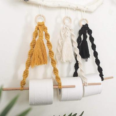 2 Wall-mounted Bohemian-style Toilet Paper Holders - Made of Wood and Rope, Ideal for Decorating Bathrooms and Storing Towels and Tissue