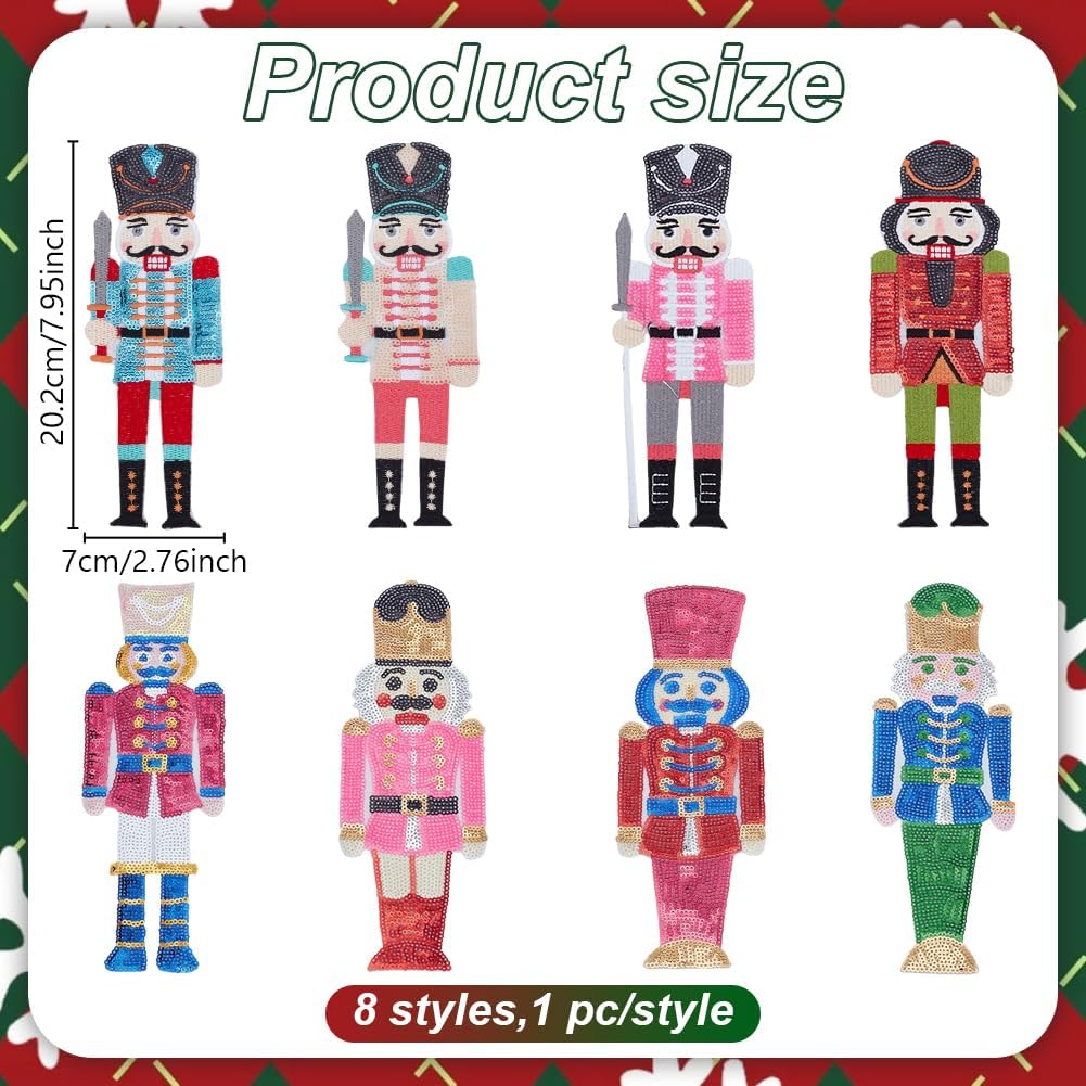 INFUNLY 8pcs Nutcracker Sequin Patch Colorful Iron On Soldier Embroidery Patch Sew On Guard Sequin Patch Applique with 3 Styles Fabric Decorative
