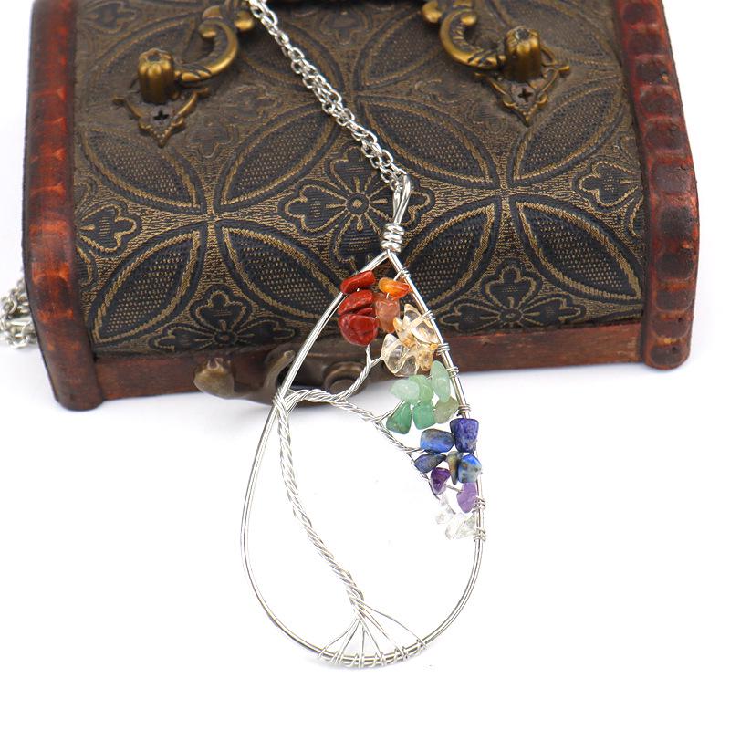 Handmade Silver Wrapped Copper Wire Crushed Stone Tree of Life Necklace, Water Drop Natural Stone Design, Bent Tree of Life Necklace N28.
