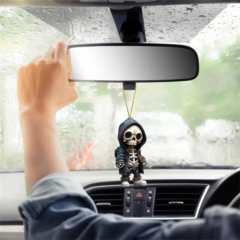 Car Ornament Acrylic Skeleton Figurines Car Rear View Mirror Swing Pendant Halloween Car Interior Decoration Accessories