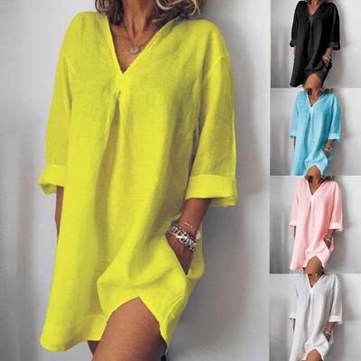 Damen Sommer Baumwolle Leinen V-Ausschnitt Kleid mit Taschen - Dreiviertelärmel, Europäischer & Amerikanischer Stil