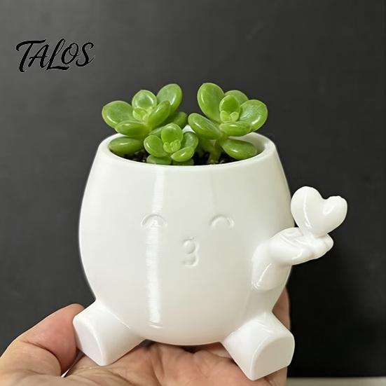 Small Decorative Pot for Window Sill Cute Succulents Planter, 3D Printed Plant with Hand Holding Heart, Ceramic Look Matte White Planter Resin Flower