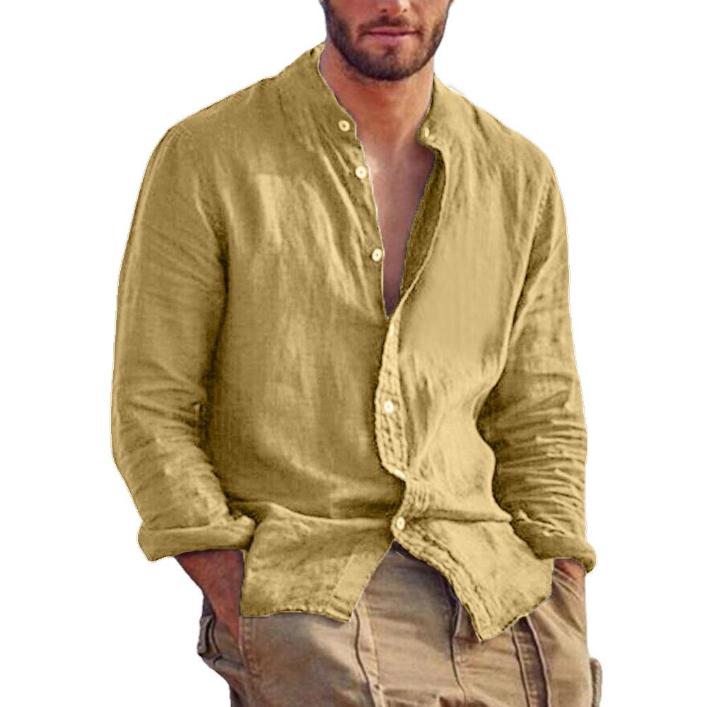 Camisa Nueva de Manga Larga para Hombre de Color Sólido Camisas de Lino Algodón Tendencia Talla Grande Cuello Mao Casual Ligera Tops de Playa