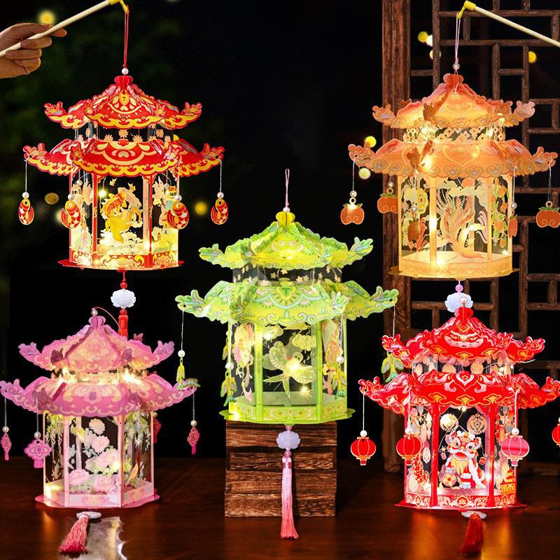 Mid Autumn Festival Lantern Palace Shape DIY Lantern Handmade Luminous Lamp Holiday Hanging Light Decor Birthday Gift Lanterns