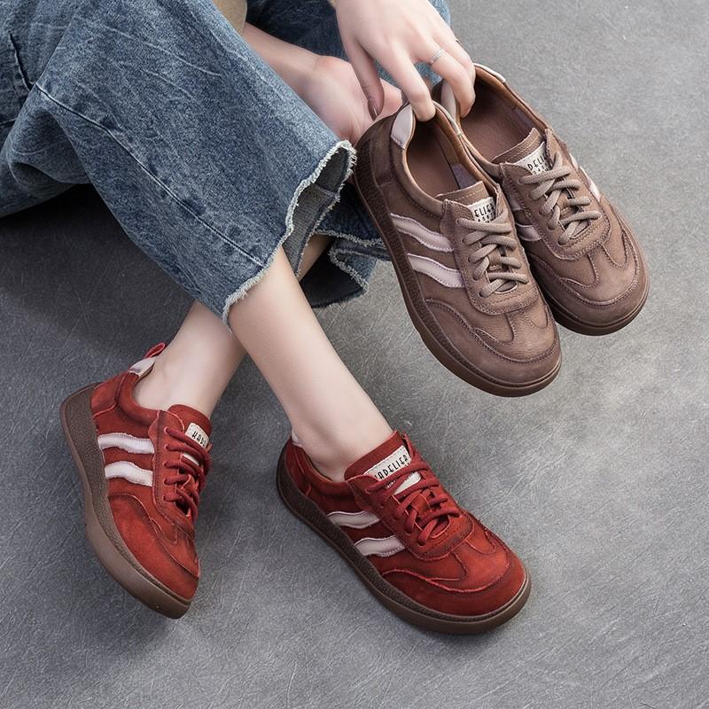 Johnature Colored Sneakers Comfortable Lace Up Flat Shoes Retro Genuine Leather Casual Women's Shoes