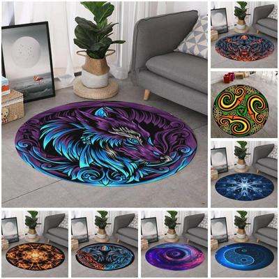 Fire Wolf Print Living Room Carpet Galaxy Wormhole Round Carpet Electric Blue Mandala Round Carpet Kitchen Bathroom Non-slip Mat