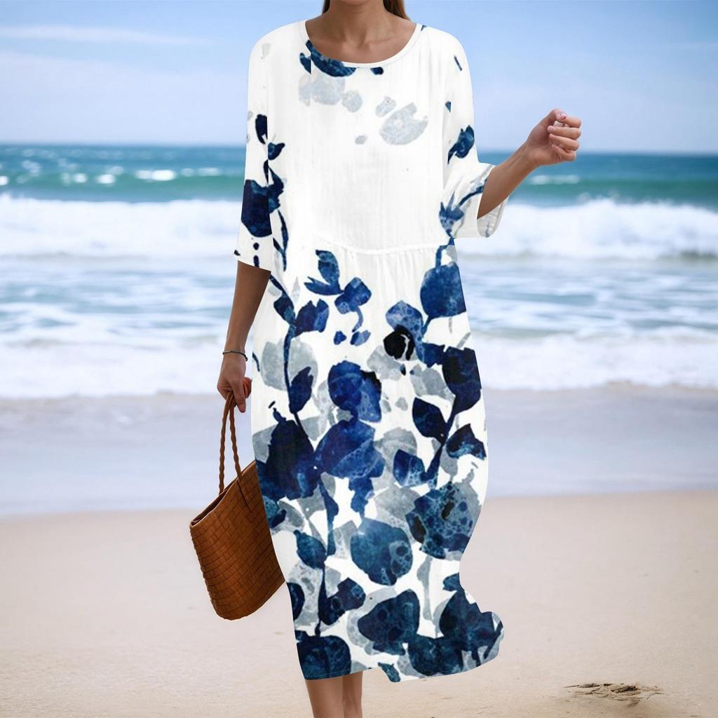 Damen Modisches Bedrucktes Rundhals Siebenviertelärmel Lockeres Kleid