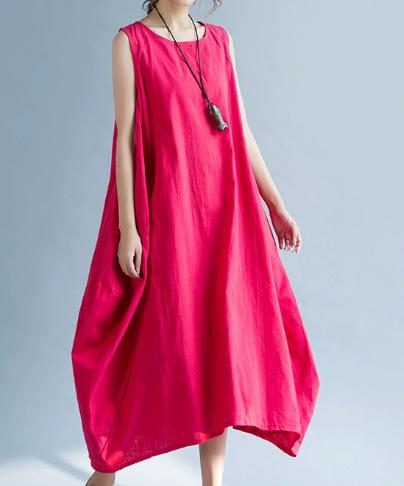 Women's Round Neck Sleeveless Maxi Dress Loose Fit High Waist Japanese Casual Linen Dress With Side Pocket And Pleated Detail Solid Color Swing Dress
