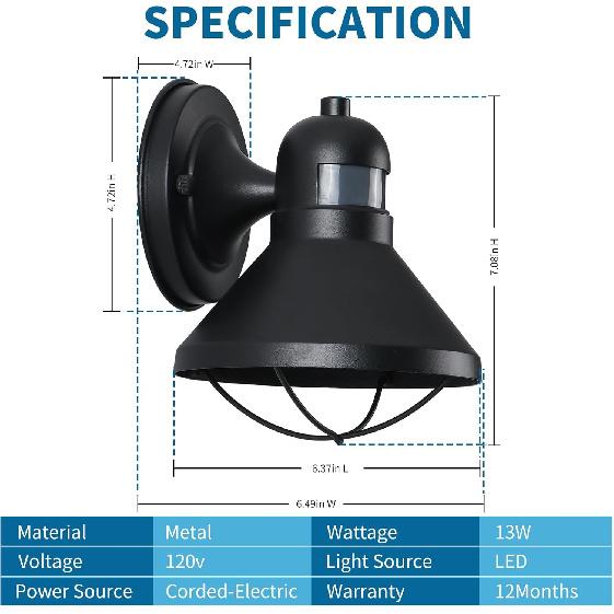 LONEDRUID 2 Pack Motion Sensor Outdoor LED Wall Light Dusk to Dawn Exterior Sconce Lighting Fixture Waterproof Wall Mount Barn Lamp Black Outside