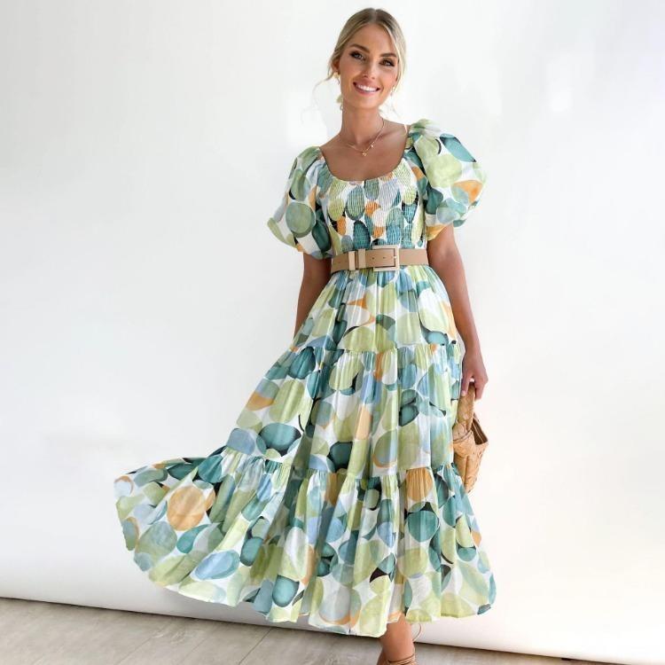 Fashion Summer Dress Women Strapless Print Pleated Short Sleeve Ankle Length