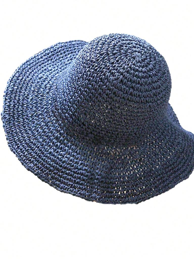 Ladies' Summer Solid Color Hollow Out Large Brim Beach Sun Hat, Pure Straw Crochet Sun Hat Suitable For Hiking