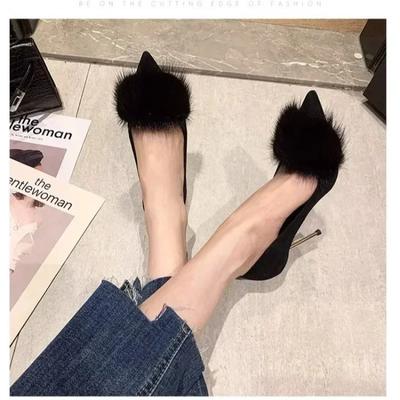 Women's Pointed Toe Fine Heel Black Sexy Women's Shoes Fur Shoes Winter Pumps Women Footwear Wedding Shoes Bride Tacones Mujer