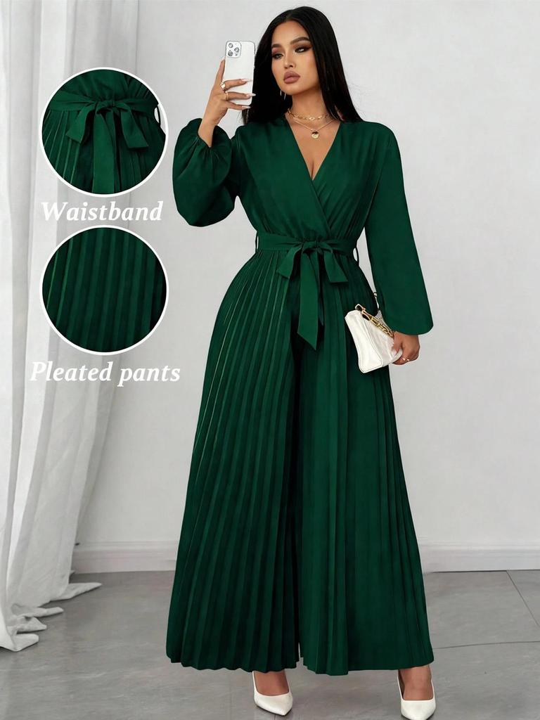 Plus Size Women's Elegant Long-Sleeve Pleated Jumpsuit with Cinched Waist