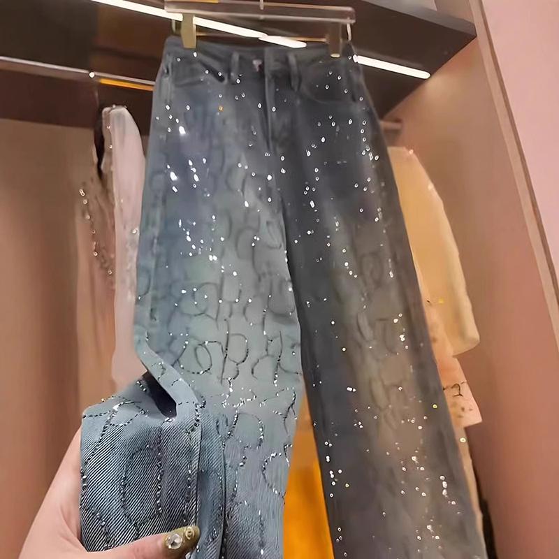Stamping Diamond Jeans Women Spring Autumn Shiny Rivet Wide Leg Pants Straight Loose Denim Pants