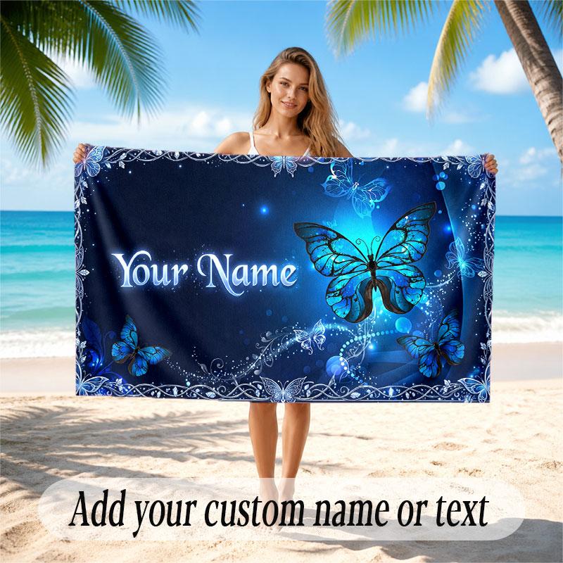 Butterfly Theme Soft Beach Towel Personalized Custom Name Text Towel Portable for Beach Pool Travel