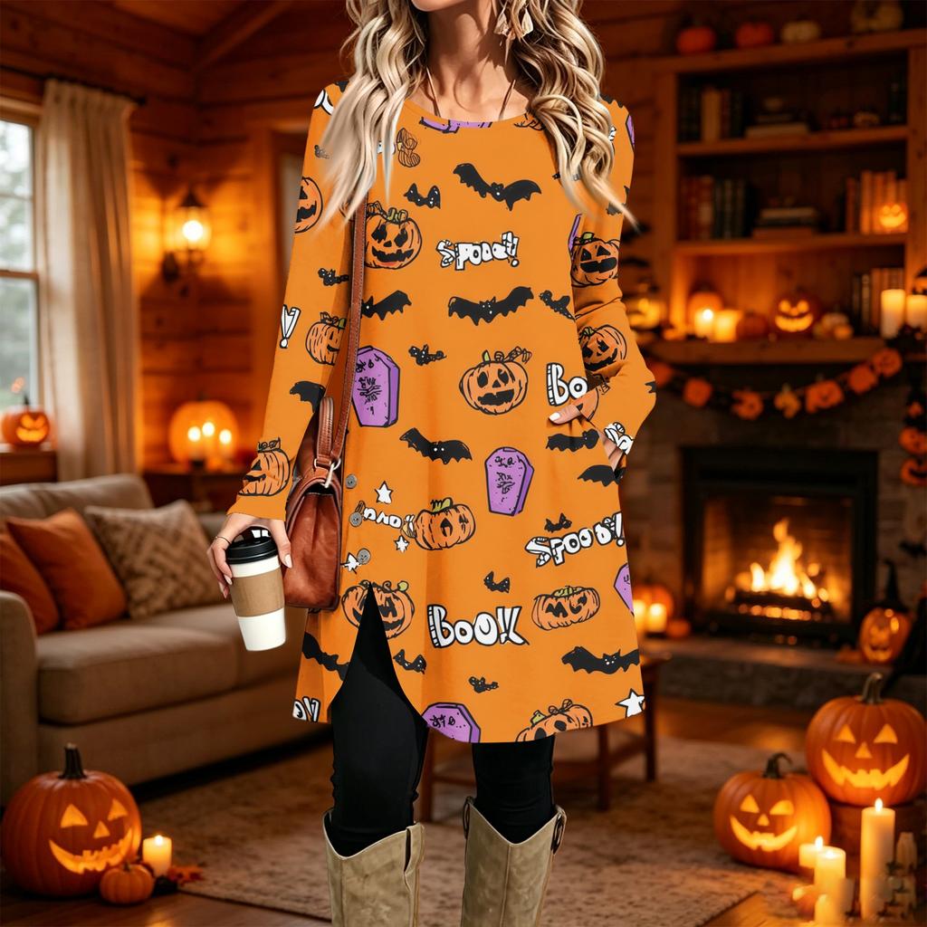 Women's Casual Printed Long Sleeve Round Neck Dress for Everyday Fashion