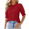 New Women's Solid Color Button Crew Neck Medium Sleeve Pleated Top