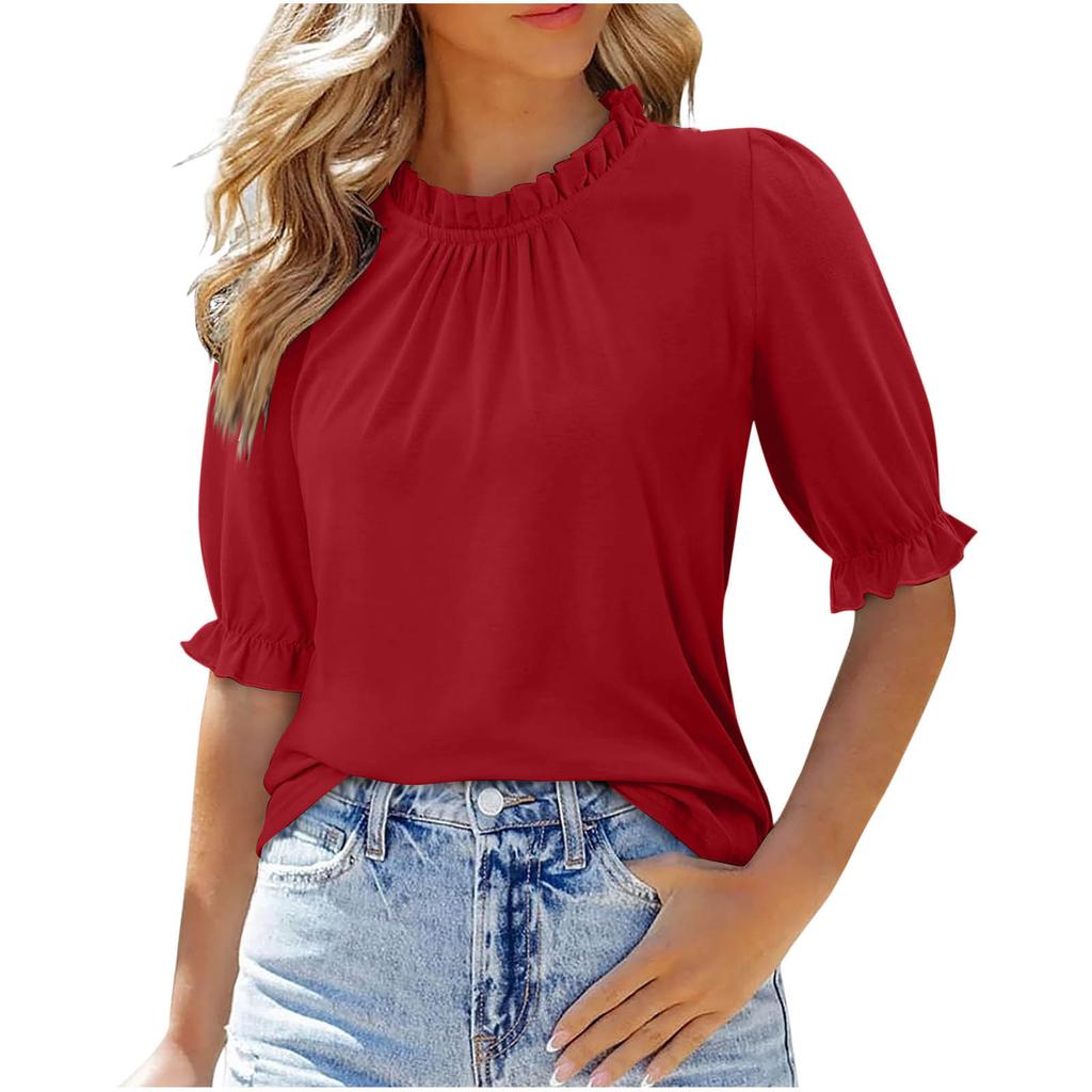 New Women's Solid Color Button Crew Neck Medium Sleeve Pleated Top