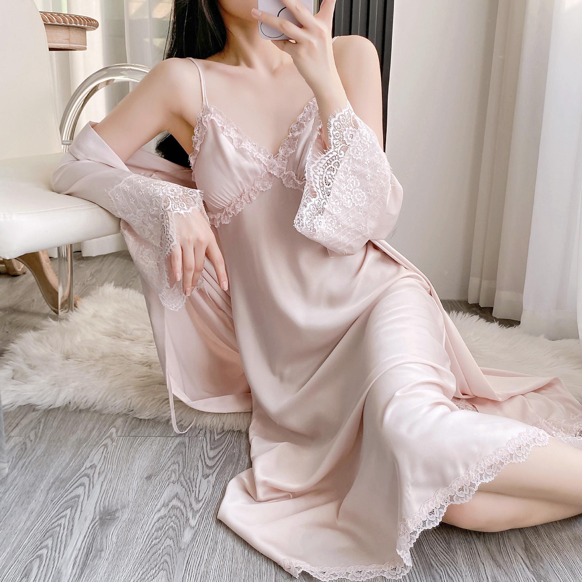 Women s Ice Silk Pajama Set with Padded Camisole & Robe - Pure Desire Style L