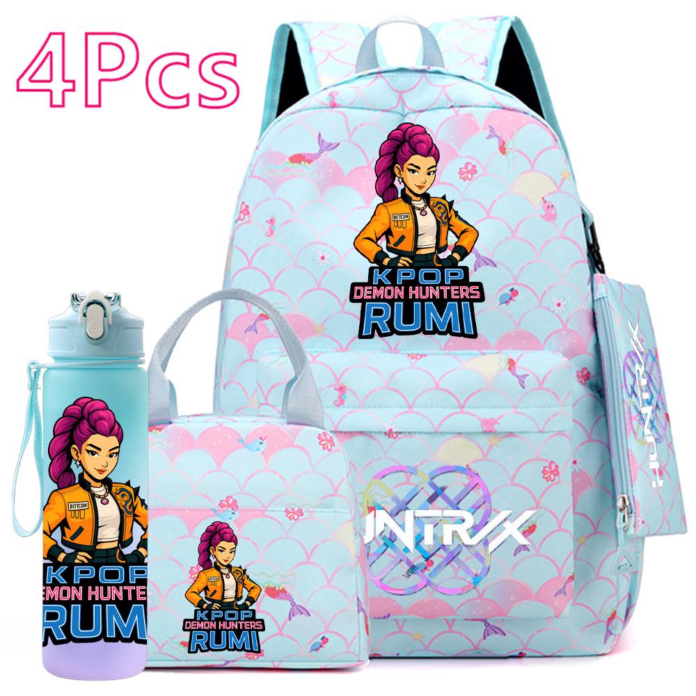 4-teiliges/Set K-POP Bedruckter Rucksack Große Kapazität Schultasche Handtasche Etui Tasche mit 750 ml Wasserflasche Junge Mädchen Schultasche wasserdicht Reisetasche Mochila