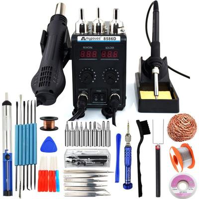 750W 2-in-1 Welding Station, Heat Gun, Soldering Iron with Dual Digital LCD Display, 8586D, SMD Pad, Repair Kit